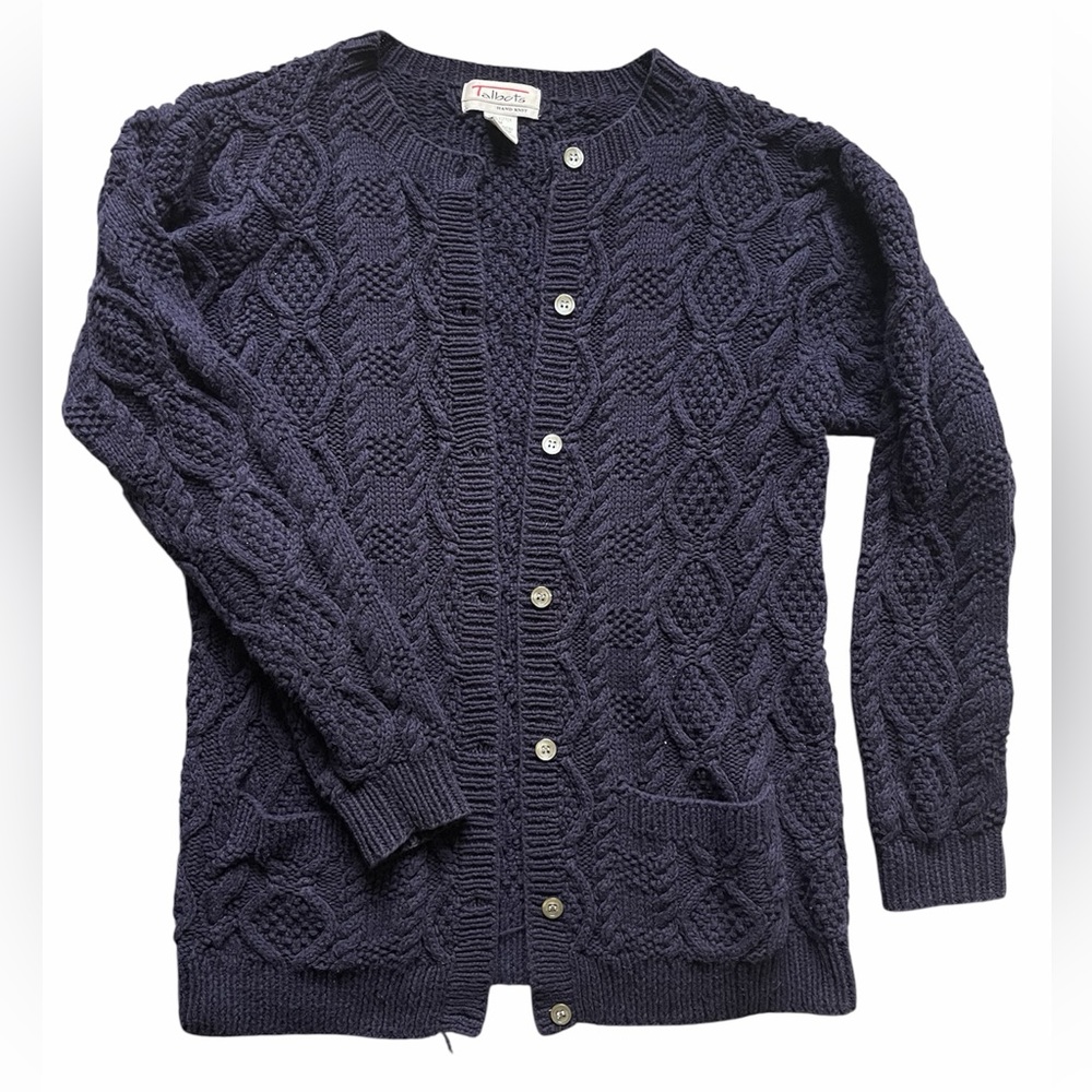 Talbots Cable Knit Cardigan Women’s Medium 100% Cotton Blue Casual Oversized